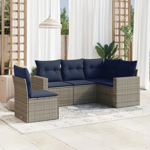 Conjunto Sofás p/ Jardim c/ Almofadões Vime PE Cinzento (5 pcs)