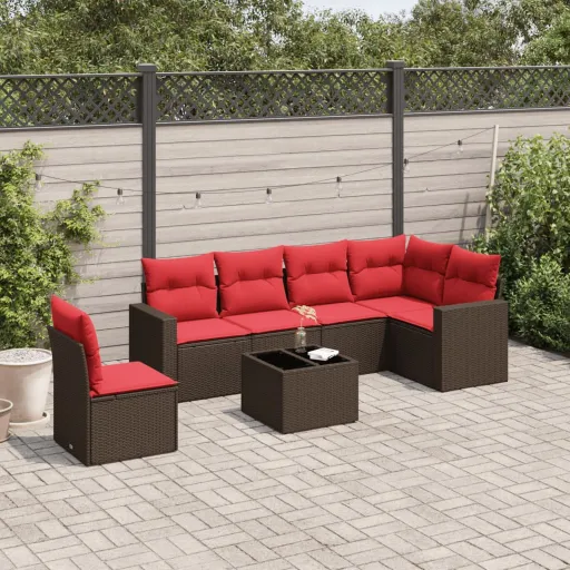 Conjunto de Sofás Jardim c/ Almofadões Vime PE Castanho (7 pcs)