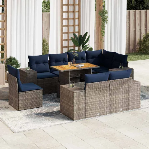 Conjunto Sofás p/ Jardim com Almofadões Vime PE Cinzento (9 pcs)