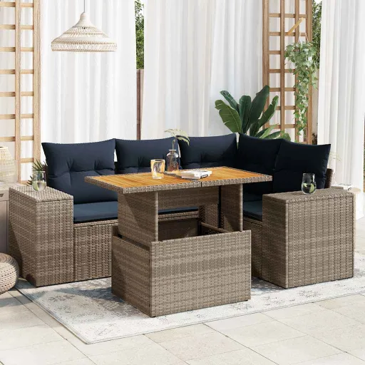 Conjunto Sofás de Jardim c/ Almofadões Vime PE Cinzento (5 pcs)