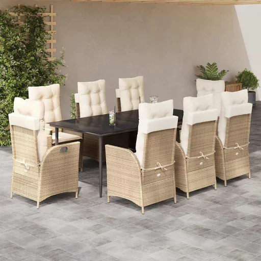 Conjunto de Jantar p/ Jardim com Almofadões Vime PE Bege (9 pcs)