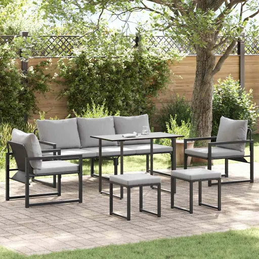 Conjunto de Sofá de Jardim com Almofada   Preto Aço (6 pcs)