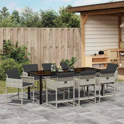 Conjunto de Jantar para Jardim   Cinzento-Claro Vime PE (9 pcs)