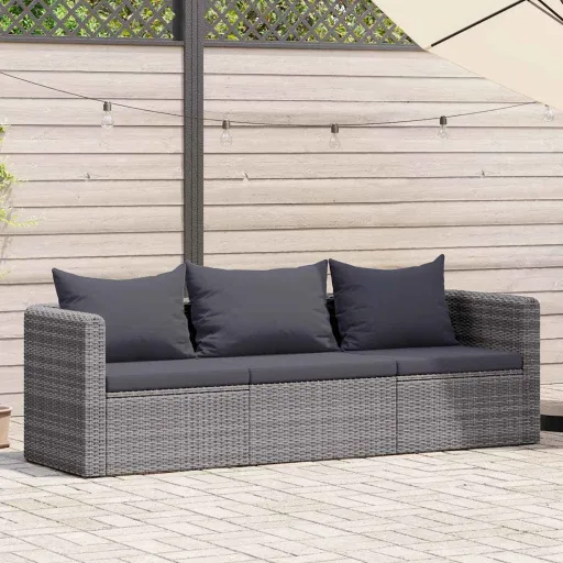 Conjunto Sofás de Jardim c/ Almofadões Vime PE Cinzento (3 pcs)