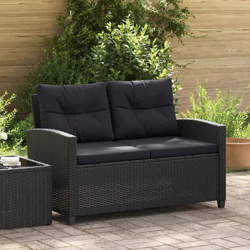 Sofá de Jardim 2 Lugares com Almofadões 124 cm Vime PE Preto