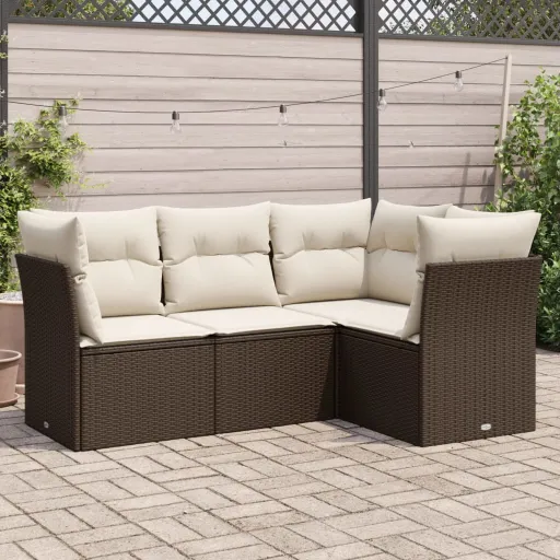 Conjunto Sofás de Jardim c/ Almofadões Vime PE Castanho (4 pcs)