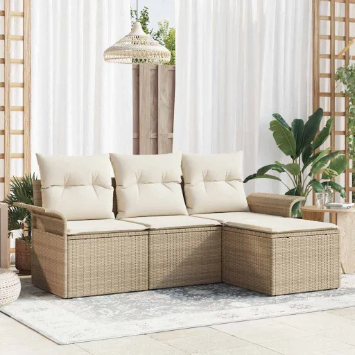 Conjunto de Sofá de Jardim   Bege Rattan Sintético (4 pcs)