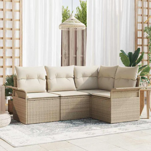 Conjunto de Sofá de Jardim com Armazenamento   Bege Vime PE (4 pcs)