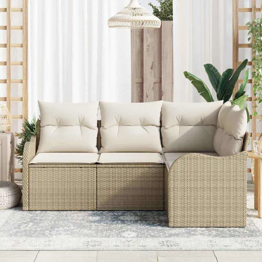 Conjunto de Sofá de Jardim com Armazenamento   Bege Vime PE (4 pcs)