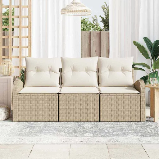 Conjunto de Sofá de Jardim   Bege e Branco Rattan Sintético (3 pcs)