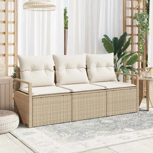 Conjunto de Sofá de Jardim   Bege e Branco Vime PE (3 pcs)