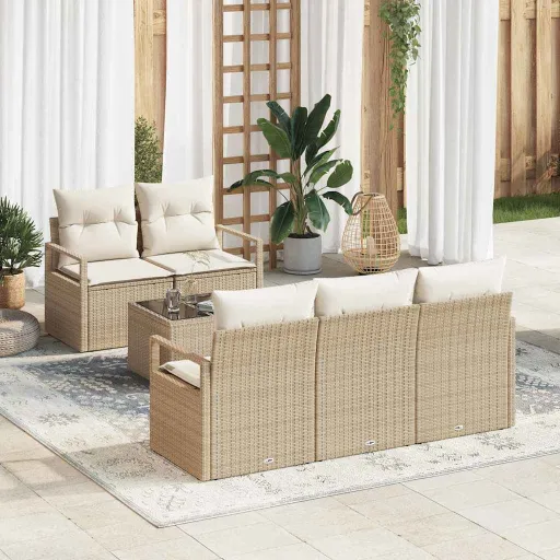 Conjunto de Sofá de Jardim   Bege e Creme Vime PE (6 pcs)