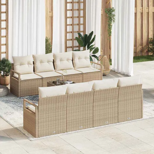 Conjunto de Sofá de Jardim   Bege e Creme Vime PE (9 pcs)