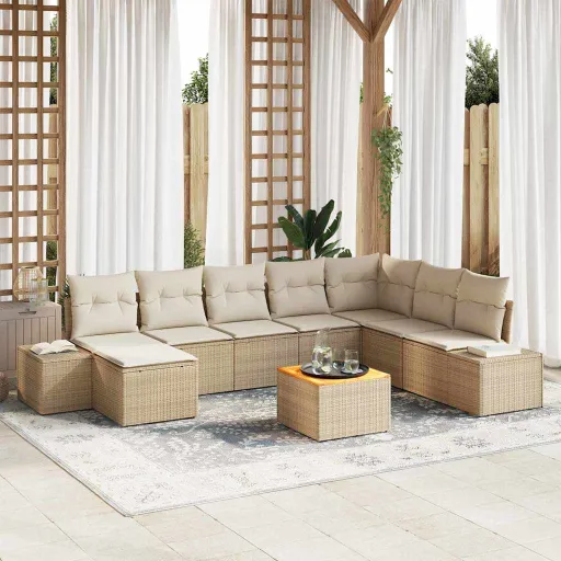 Conjunto de Sofá de Jardim   Bege e Branco (9 pcs)