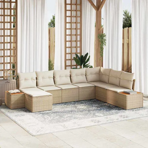 Conjunto de Sofá de Jardim   Bege e Creme Polirattan (9 pcs)