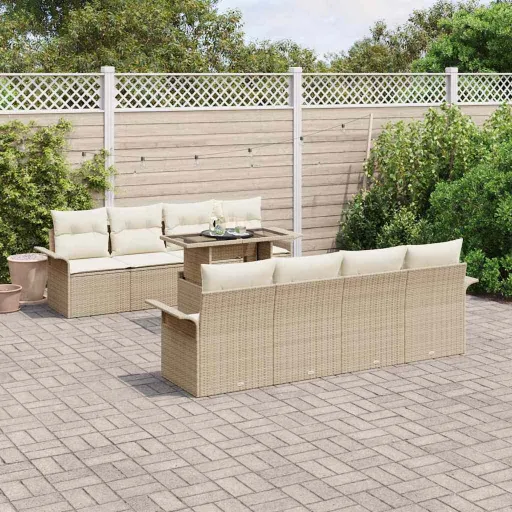 Conjunto de Sofá de Jardim   Bege Rattan de Polipropileno (9 pcs)