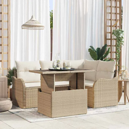 Conjunto de Sofá de Jardim   Bege Rattan de Polipropileno (5 pcs)
