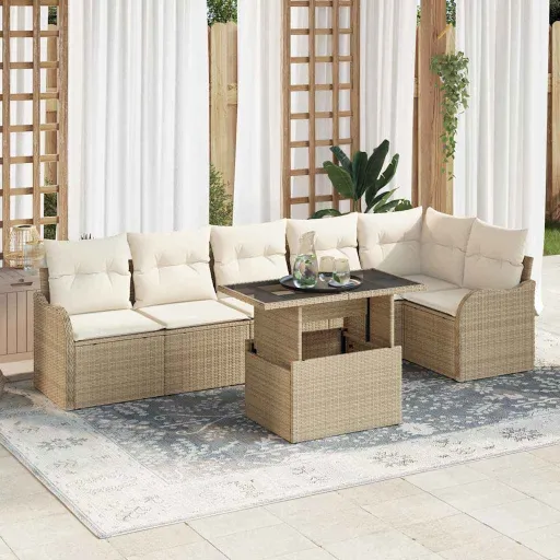 Conjunto de Sofá de Jardim   Bege Rattan de Polipropileno (7 pcs)