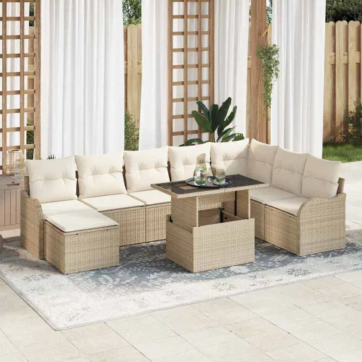Conjunto de Sofá de Jardim   Bege Rattan Sintético (9 pcs)