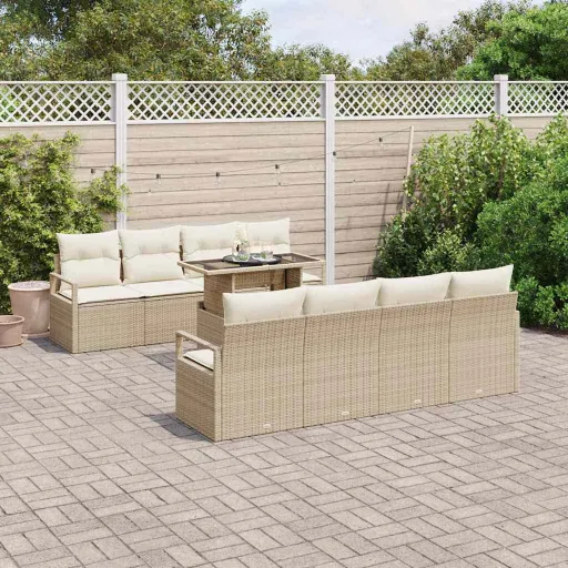 Conjunto de Sofá de Jardim   Bege Rattan Sintético (9 pcs)