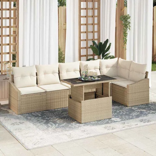 Conjunto de Sofá de Jardim com Almofada   Bege e Creme (7 pcs)