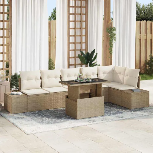 Conjunto de Sofá de Jardim   Bege Rattan Sintético (7 pcs)