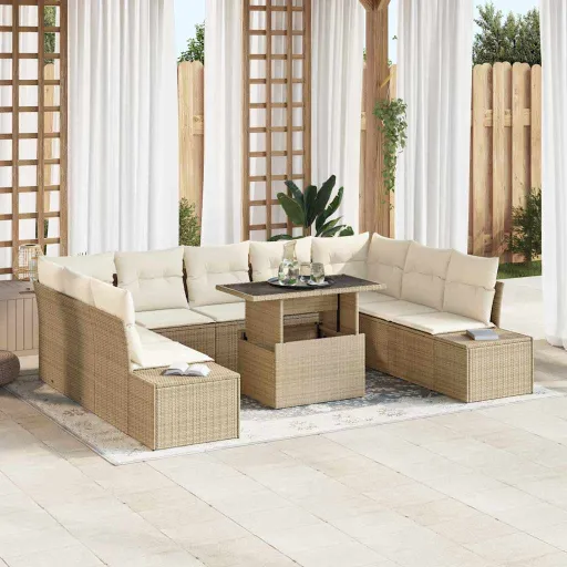 Conjunto de Sofá de Jardim   Bege Rattan Sintético (10 pcs)