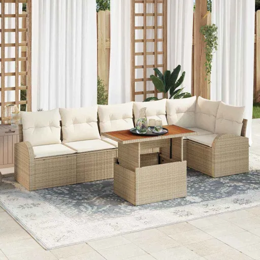 Conjunto de Sofá de Jardim   Bege Rattan Sintético (7 pcs)