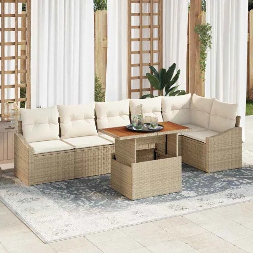 Conjunto de Sofá de Jardim   Bege Rattan Sintético (7 pcs)