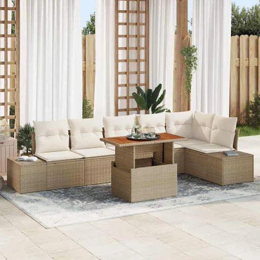 Conjunto de Sofá de Jardim   Bege Rattan Sintético (7 pcs)