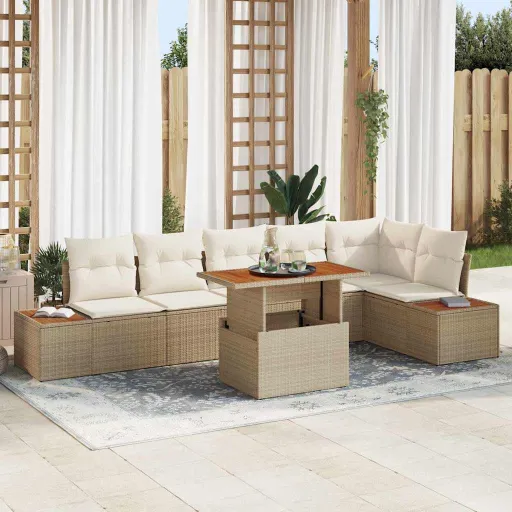 Conjunto de Sofá de Jardim   Bege Rattan Sintético (7 pcs)