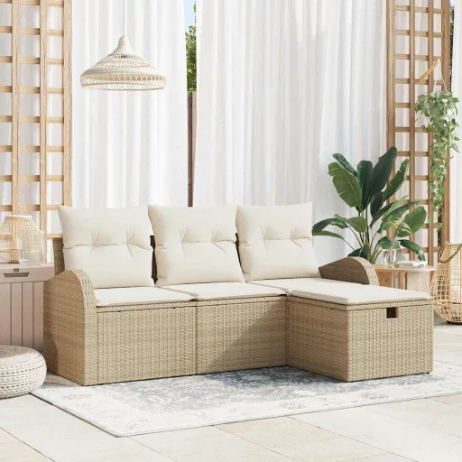 Conjunto de Sofá de Jardim   Bege Rattan Sintético (4 pcs)