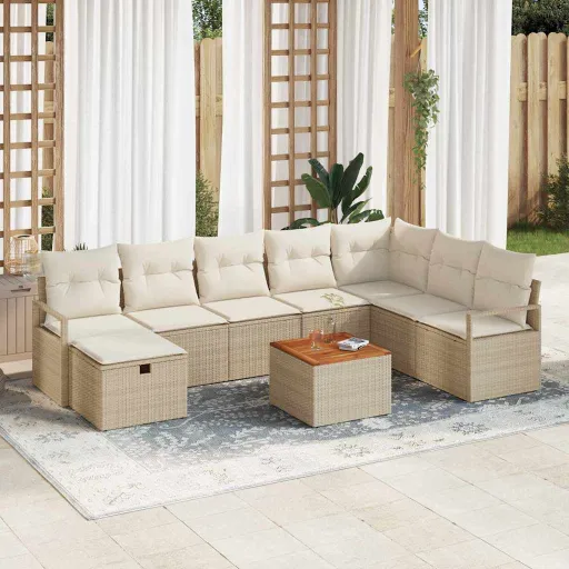 Conjunto de Sofá de Jardim   Bege Rattan Sintético (9 pcs)