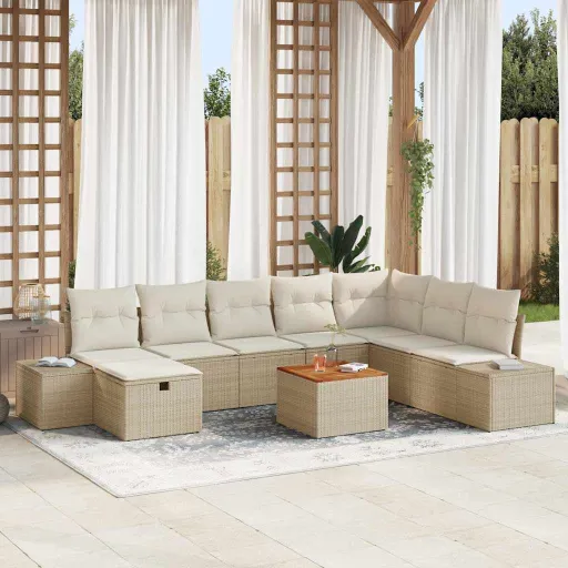 Conjunto de Sofá de Jardim   Bege Rattan Sintético (9 pcs)