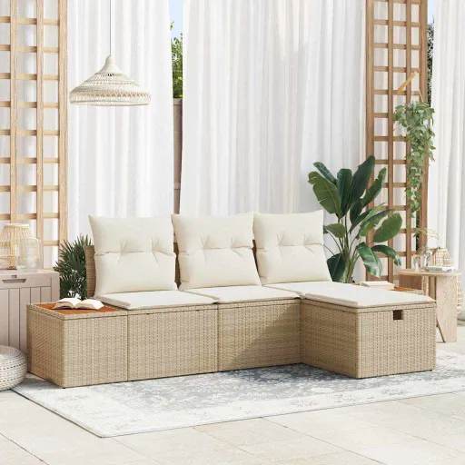 Conjunto de Sofá de Jardim com Almofada   Bege Vime PE (4 pcs)