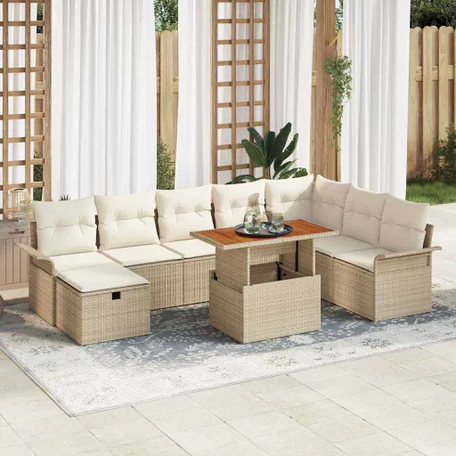 Conjunto de Sofá de Jardim   Bege Vime PE (9 pcs)