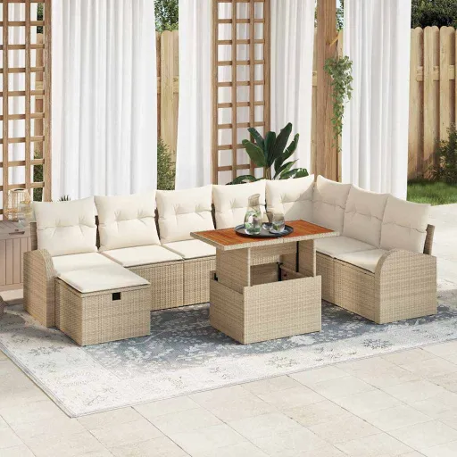Conjunto de Sofá de Jardim   Bege Vime PE (9 pcs)