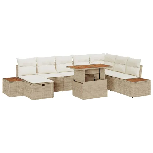 Conjunto de Sofá de Jardim com Almofada   Bege Vime PE (9 pcs)