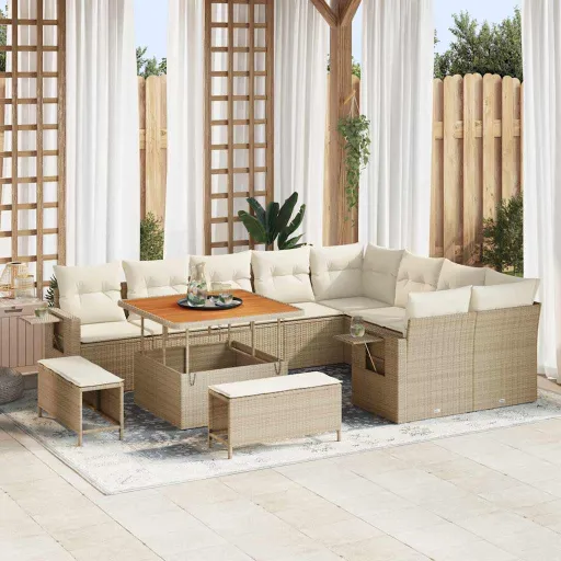 Conjunto de Sofá de Jardim   Bege e Creme Vime PE (12 pcs)