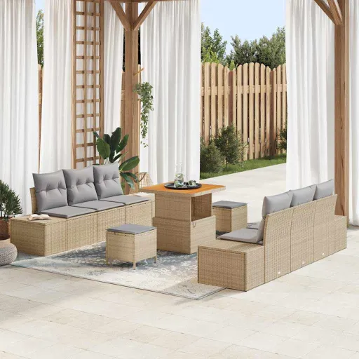 Conjunto de Sofá de Jardim   Bege Rattan Sintético (9 pcs)