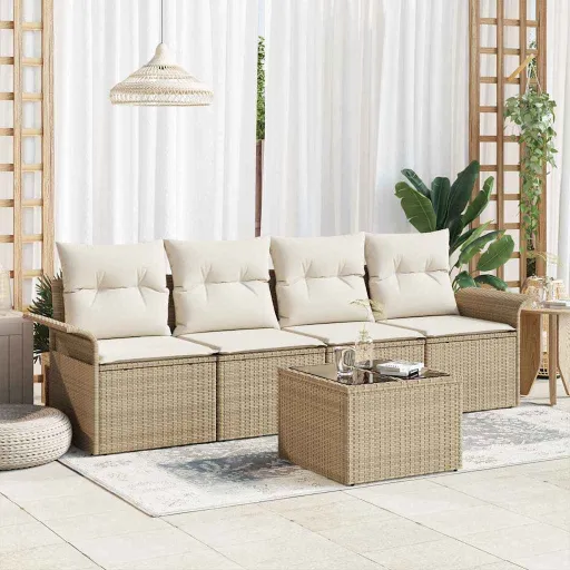 Conjunto de Sofá de Jardim   Bege e Creme Vime PE (5 pcs)