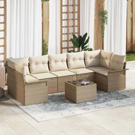 Conjunto de Sofá de Jardim   Bege e Creme Vime PE (8 pcs)