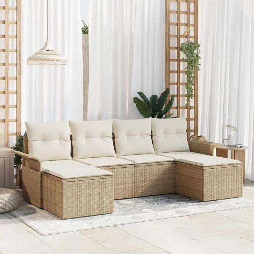 Conjunto de Sofá de Jardim com Armazenamento   Bege Vime PE (6 pcs)