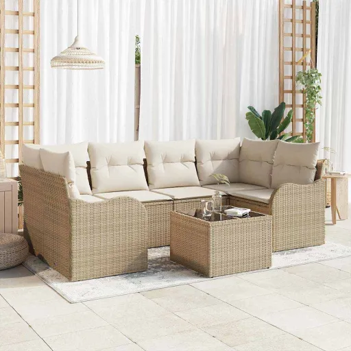 Conjunto de Sofá de Jardim com Almofada   Bege e Creme (7 pcs)