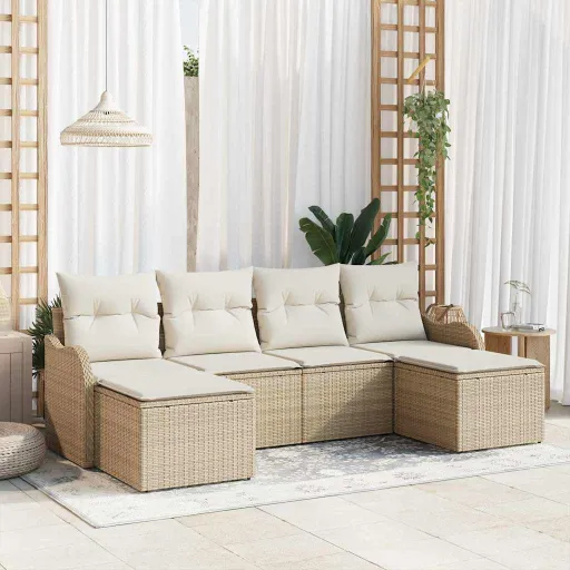 Conjunto de Sofá de Jardim   Bege e Branco Rattan Sintético (6 pcs)