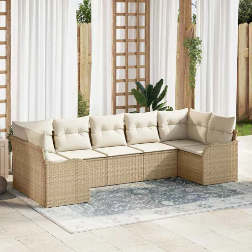 Conjunto de Sofá de Jardim   Bege e Branco Rattan Sintético (7 pcs)