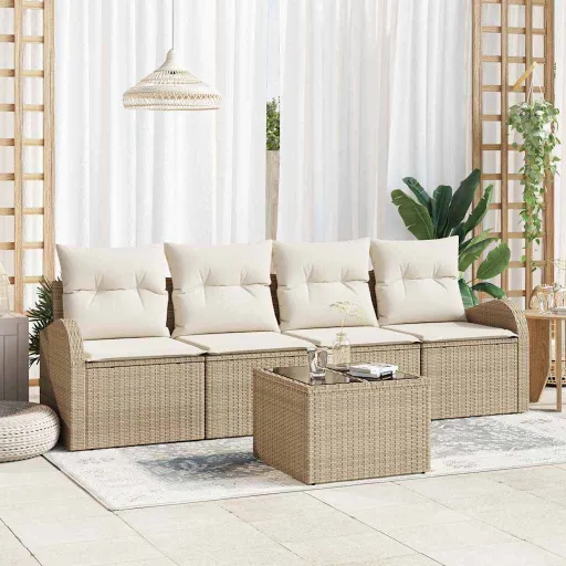 Conjunto de Sofá de Jardim com Almofada   Bege e Creme (5 pcs)