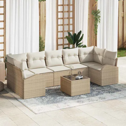 Conjunto de Sofá de Jardim com Almofada   Bege e Creme (8 pcs)