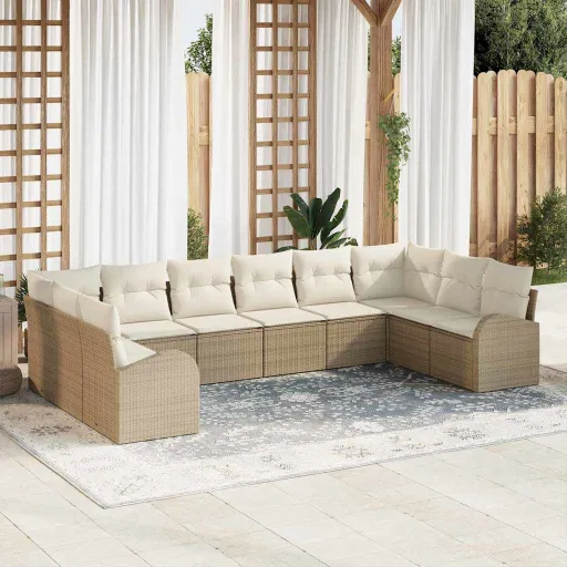 Conjunto de Sofá de Jardim   Bege e Branco Vime PE (10 pcs)