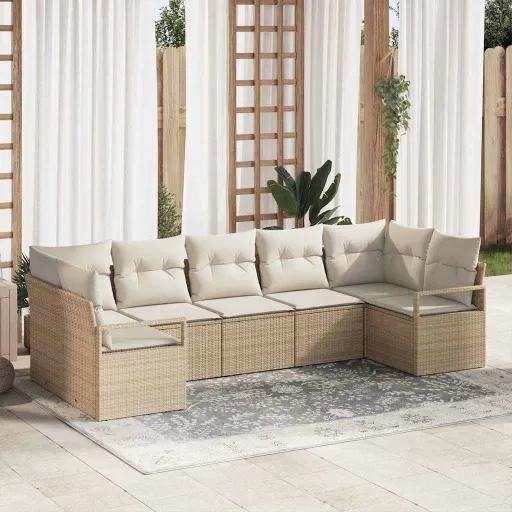 Conjunto de Sofá de Jardim   Bege e Branco Vime PE (7 pcs)